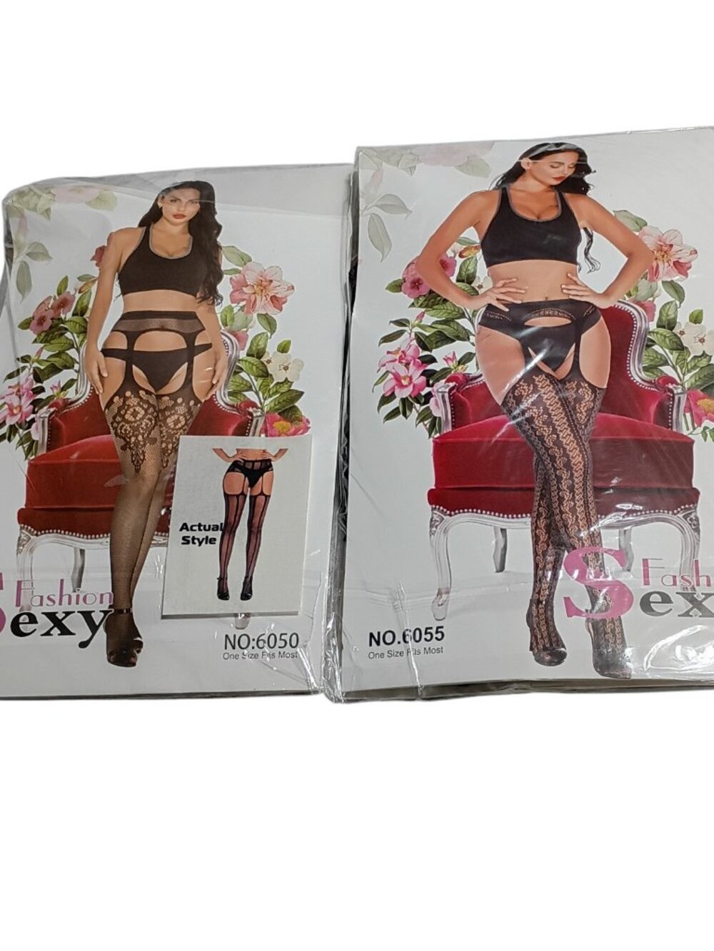 Fashion Sexy Bodystocking Set #:6050 & #:6055 One Size Fits Most Black Patterned